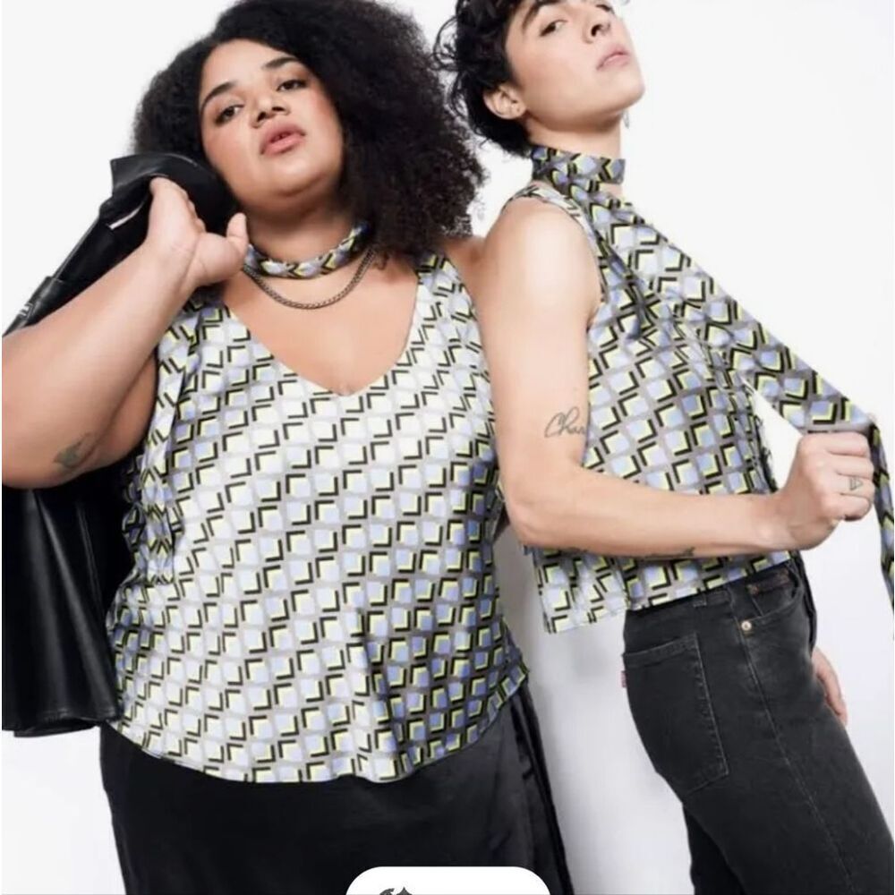 Wildfang Satin Cami Top Gray Blue Yellow Cubic Geometric Print with Sash